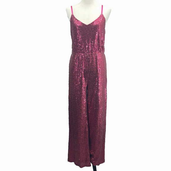 Fanco Womens L Sparkling Pink Sequin Full Length Vneck Jumpsuit Wide Leg Party - Picture 1 of 12
